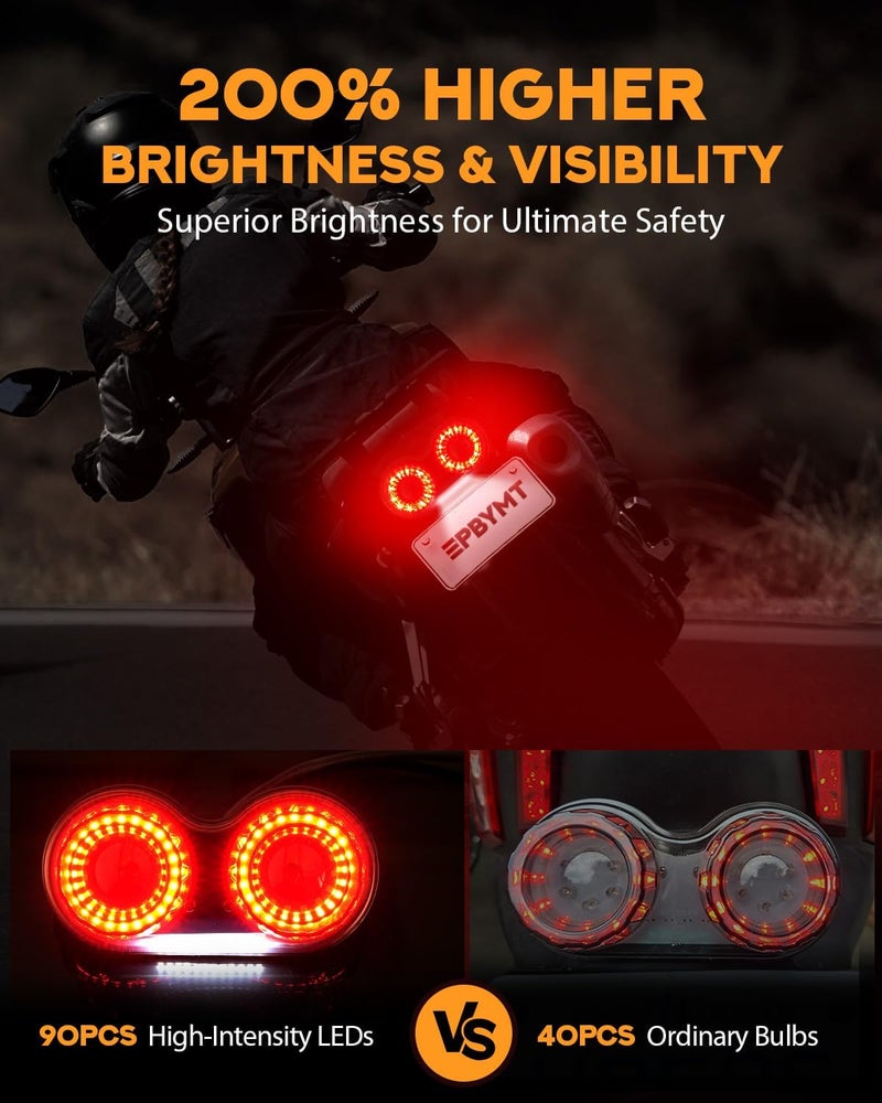 PBYMT Enhanced Motorcycle Tail Light, 90LEDs Break light Running Lights, IP67 Waterproof Turn Signals with License Plate Bracket Compatible with Street Bike Cruiser Chopper Bobber (Smoke) - Image 2